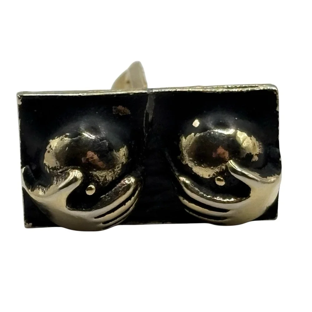 Boobs Breasts Cufflinks Naughty Gold Tone Black‎ Happy Hands Novelty Funny READ